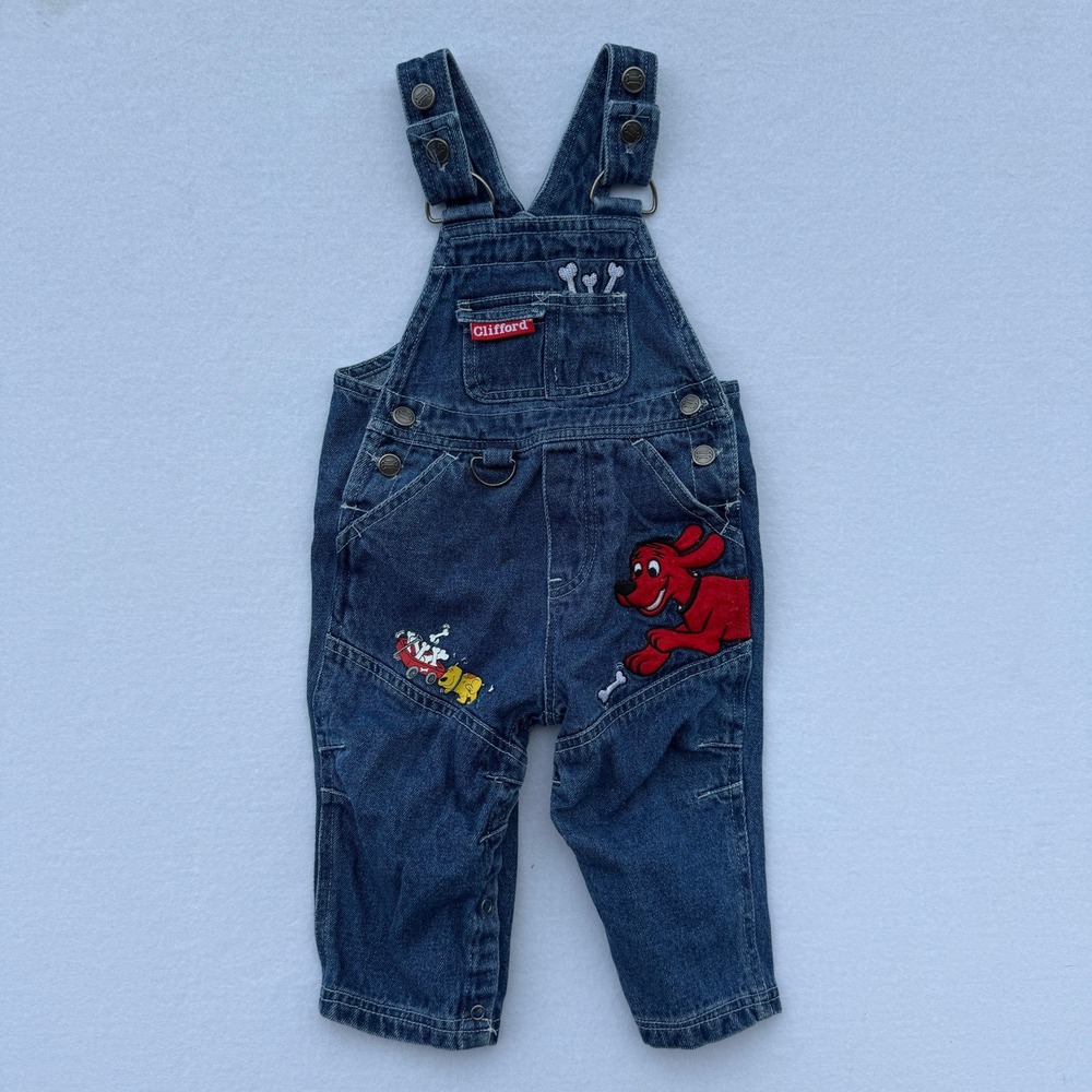 Vintage Y2K Kids Clifford The Big Red Dog Denim Overalls Baby 12M Blue Jeans